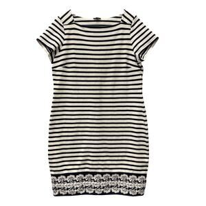 Talbots Navy and White Striped Short Sleeve Lace Hem Dress
